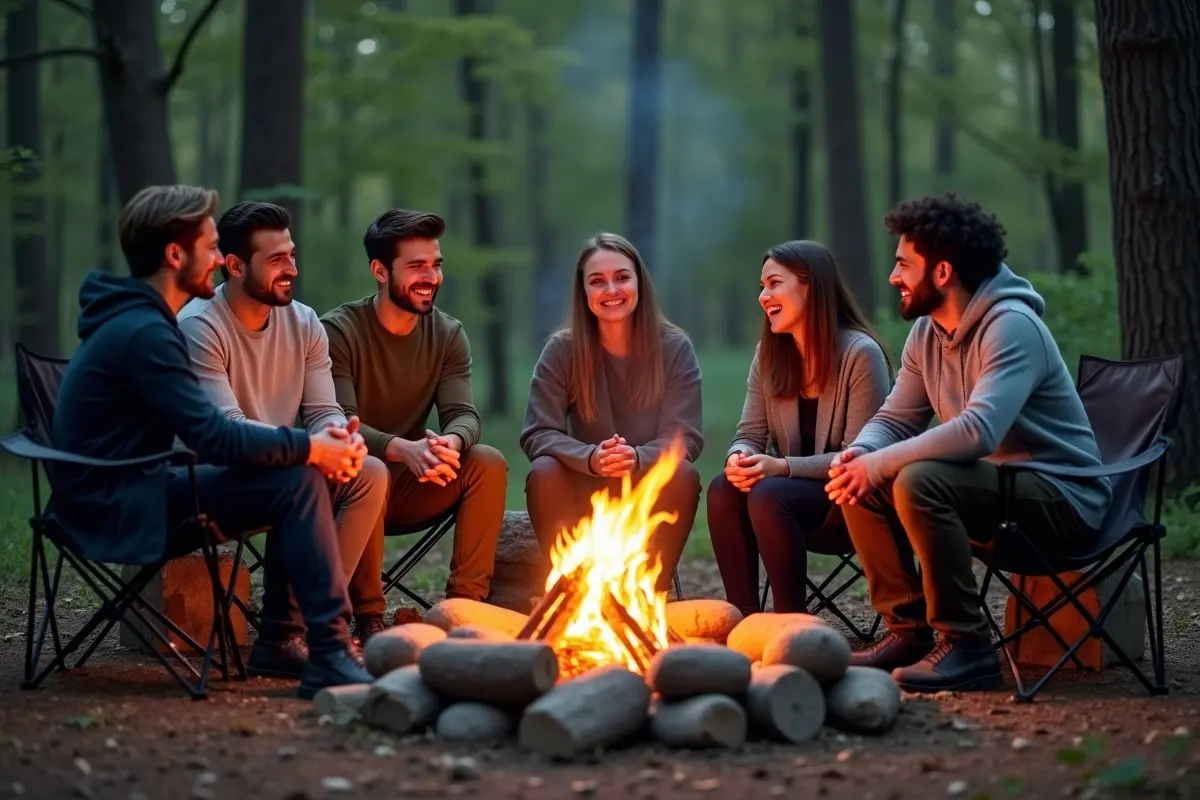 coworkers bonding around campfire during corporate team retreat